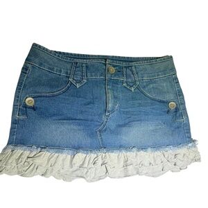 Vintage XOXO Y2K Denim Micro Mini Skirt with Ruffle Hem Size 10 Cutesy Nostalgia